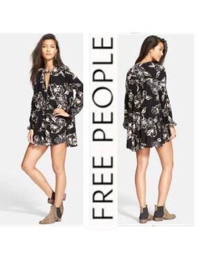 Free People Swing Mini Dress Tunic Tegan Black White Floral Boho Small Oversized